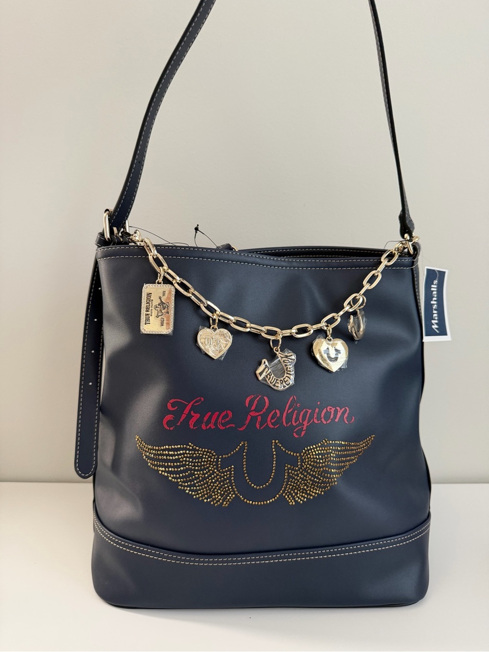 True Religion Navy Shoulder Bag with Gold Charm Chain and Red Logo
